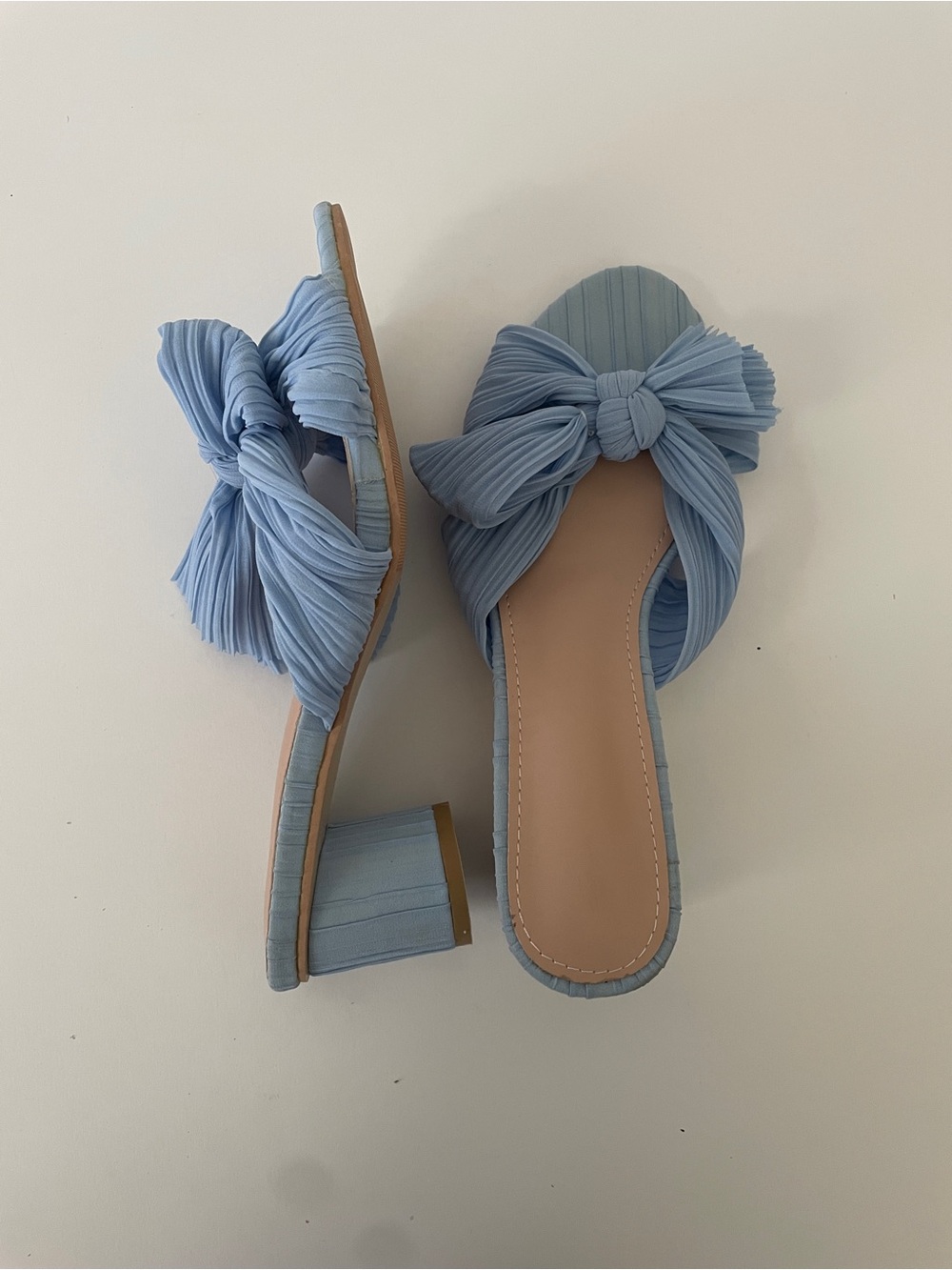 Light Blue Bow Block Heel Slide Sandals - Women